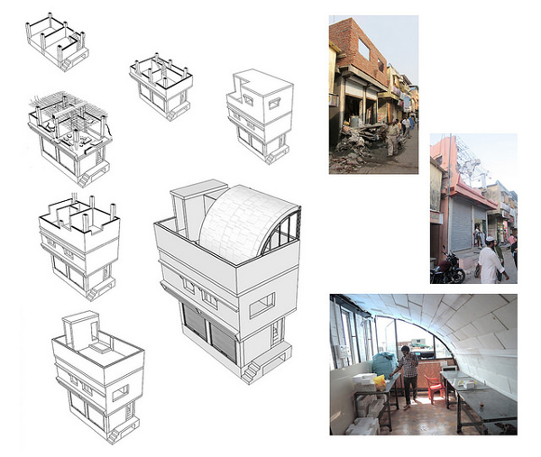 Iglu, Mombai (2014). Instalación temporal diseñada por el estudio URBZ para ser instalada en la cubierta de una casaen Shivaji Nagar. La estructura en cuestión se ubica sobre la casa malva a la derecha de la imagen.