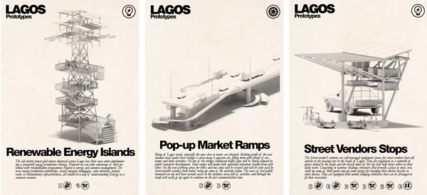 Inteligencias Colectivas, prototipos para la ciudad de Lagos, Nigeria (2014). Cada uno de estos prototipos se proponen para solucionar tres dimensiones de la infraestructura de esta ciudad africana de más de veinte millones de habitantes: energía, agua y transporte.