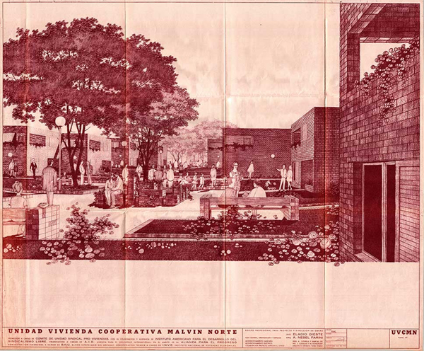 Alfredo Nebel Farini: Cooperatica VICMAN (Montevideo, 1970-1974). Perspectiva donde se muestra la relacion de los espacios exteriores y las unidades habitacionales.