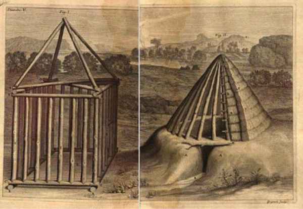 Claude Perrault: Dix livres de Vitruve (1673). Cabaña primitiva de acuerdo a Vitruvio